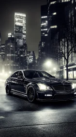 Black luxury sedan parked on wet city street at night
