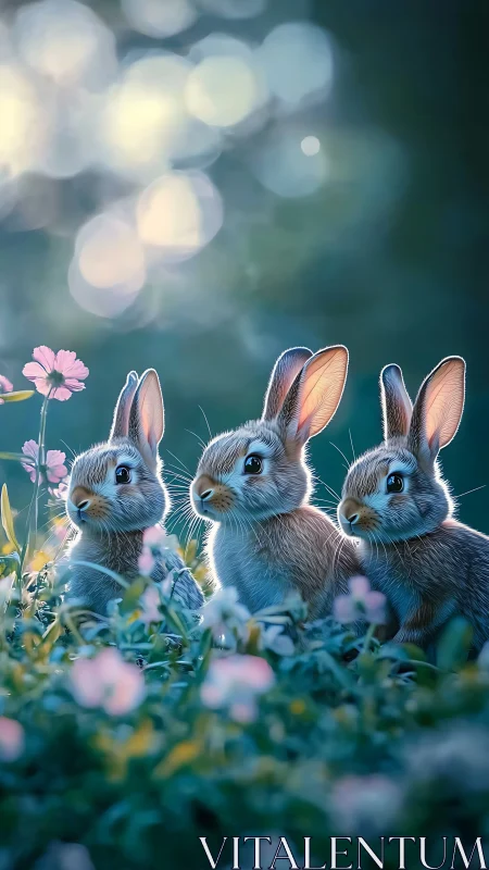 Three curious bunnies sharing a dreamy garden sunset moment.