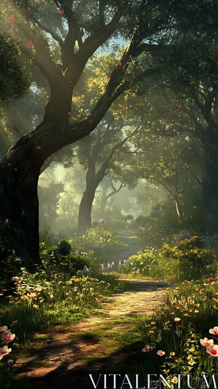 Enchanted Forest Path Through Ancient Trees and Blooming Flowers