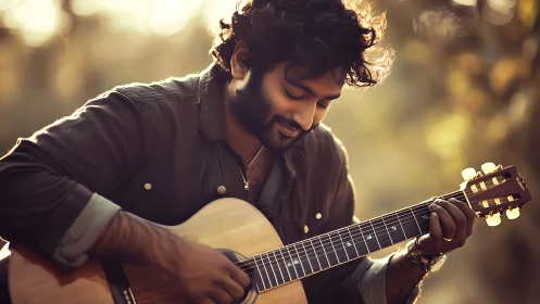Smiling guitarist strums acoustic outdoors in warm evening light.