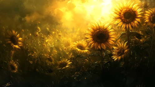 Backlit sunflower field rendered with atmospheric golden volumetric light