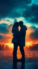 Silhouetted couple embracing amid dramatic atmospheric precipitation.