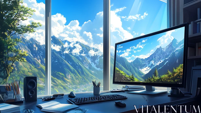 Dual-channel alpine workspace with mirrored digital vista.