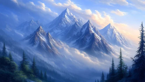 Layered alpine peaks emerge through volumetric mist and warm skylight