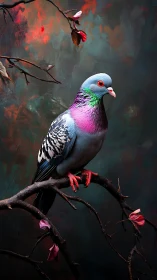 Colorful pigeon on branch against dark painterly background.