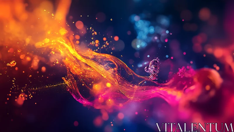 Abstract fluid light trails in multicolored digital field.