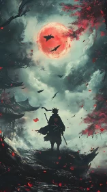 Solitary swordsman under red moon with crows in misty valley.