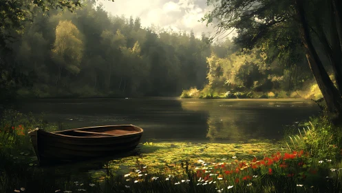 Quiet wooden boat resting beside a sunlit forest lake.