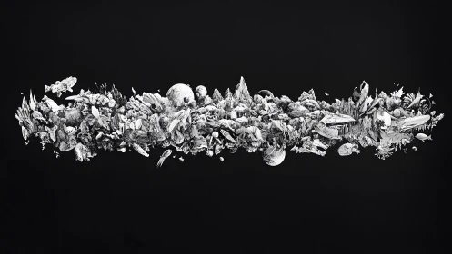 Surreal Floating World in Detailed Black and White Ink Illustration.