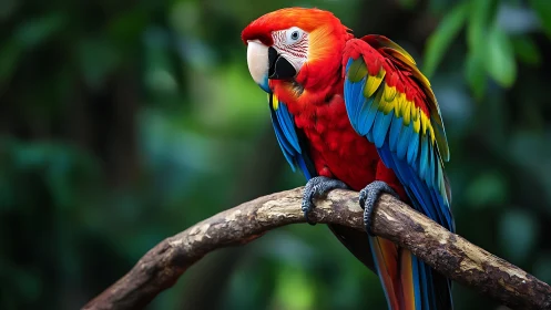 Vibrant Scarlet Macaw perched on branch in lush rainforest style.