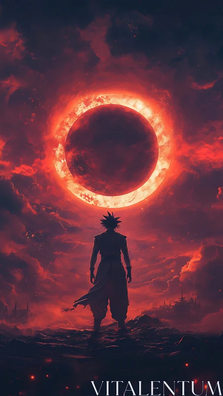 Silhouetted warrior confronts a burning eclipse in apocalyptic sky