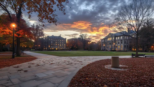 Photorealistic autumn campus quad at dusk with symmetry-focused framing.