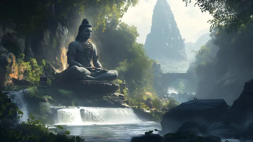 Colossal Shiva statue above tiered jungle waterfalls at dawn