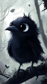 Wide-eyed stylized fledgling perched on branch, misty forest