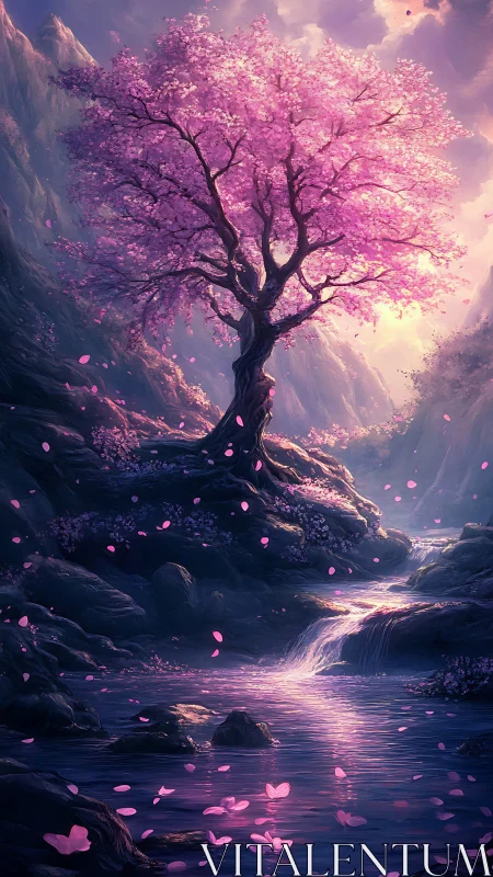 Enchanted cherry blossom tree above a glowing twilight stream.