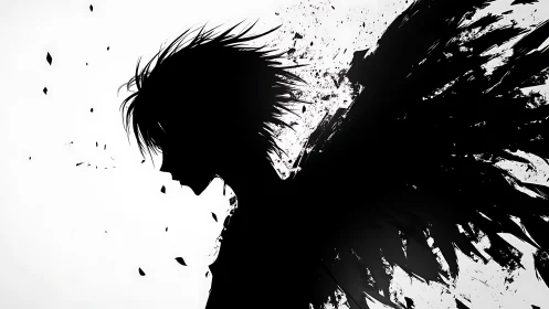 Shadowed angelic silhouette dissolving into inky chaos.