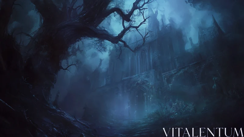 Haunted gothic cathedral shrouded in eerie blue fog.