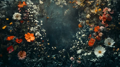 Dark Floral Garden with Orange and White Blooms.