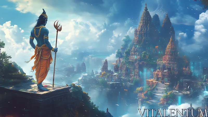 Divine guardian surveys a luminous floating temple realm