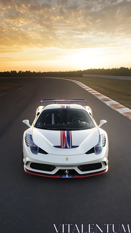 Front-on track capture of white GT supercar at sunrise.