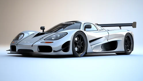 Silver race car render with low stance and wide aero kit.
