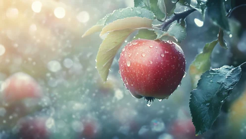 Rain-kissed apple glows in dreamy orchard morning light.