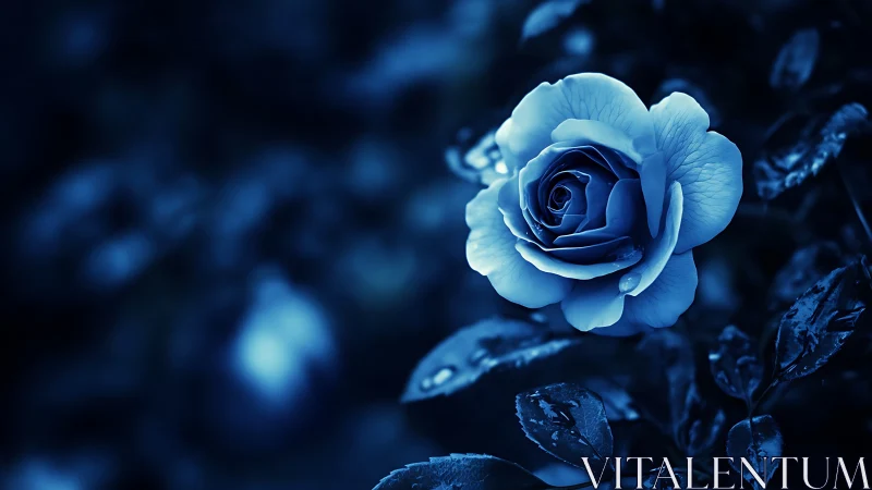 Luminescent Blue Rose Against Midnight Foliage.