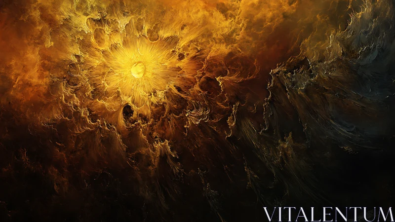 Radiant central light within turbulent abstract cloud forms.