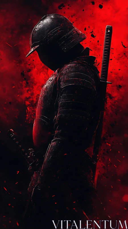 Armored samurai silhouette amid crimson particle storm.