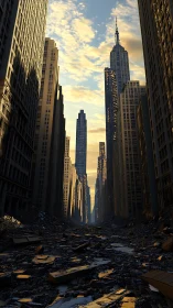 Golden light over a quiet, ruined city street at dusk.