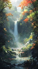 Autumn forest waterfall cascading through rocky ravine.