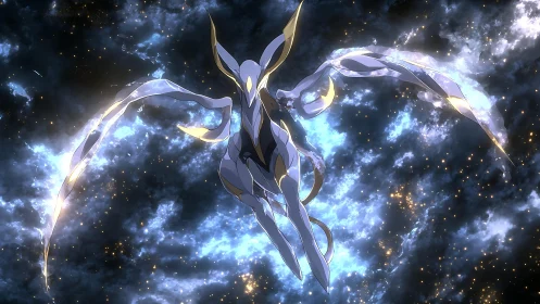 Celestial mech-like creature gliding in glowing nebula.