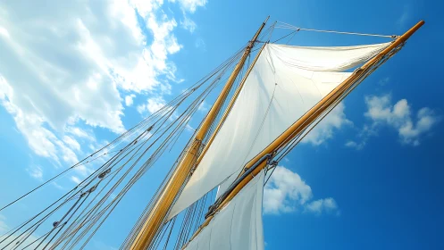 Elegant wooden sailboat mast and white sails against blue sky.