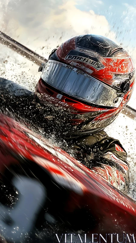 Racing driver helmet close-up in dynamic water-spray burst.
