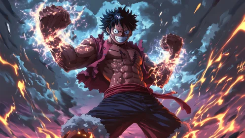 Storm-fisted pirate cracks thunder through a burning sky