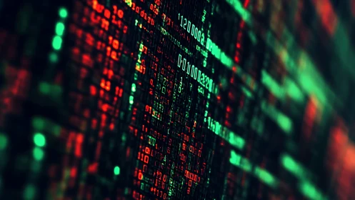 Binary code matrix with red and green digital data streams.