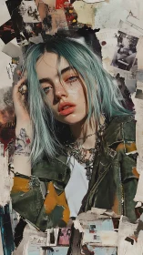 Portrait of teal-haired woman in collage-style frame.