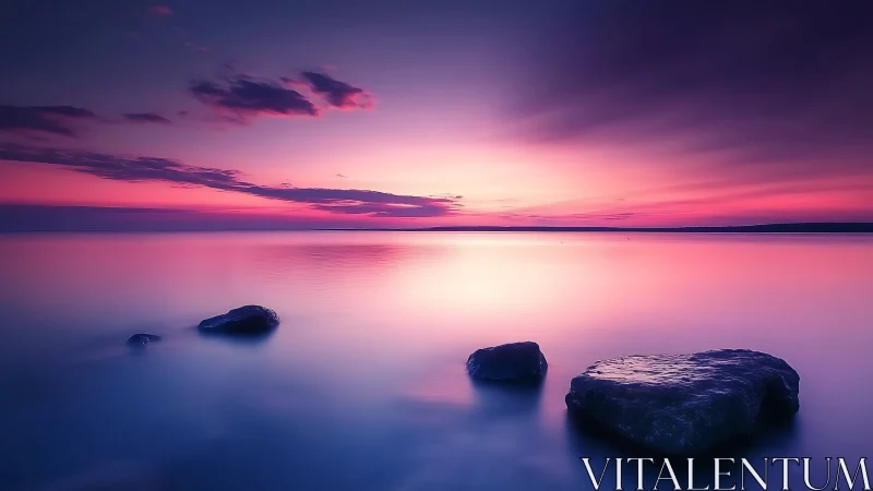 Twilight tides bathe quiet stones in violet-pink hush.