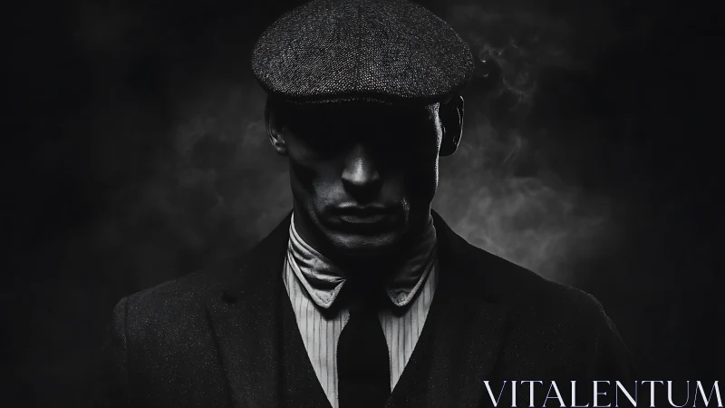 High contrast low key portrait isolates man in flat cap and suit