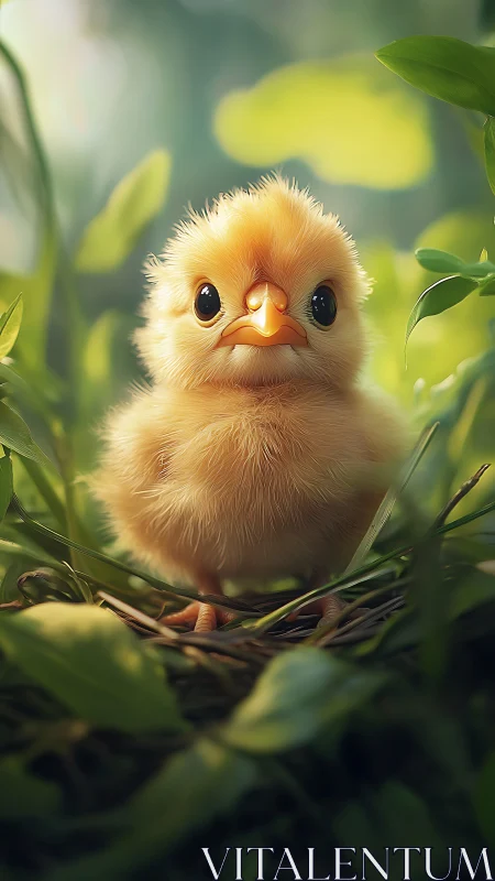 Adorable Little Chick Nestled Among Green Leaves and Warmth
