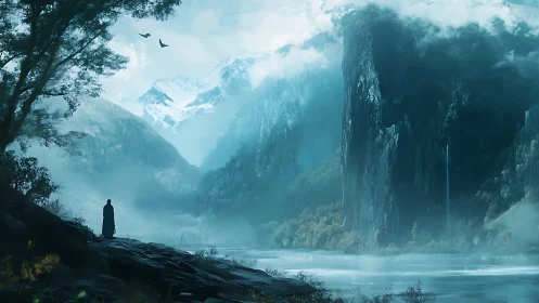 Solitary wanderer beside misty glacial cliffs at dawn.