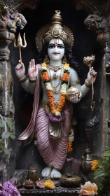 Polychrome stone deity sculpture with ritual adornments displayed.