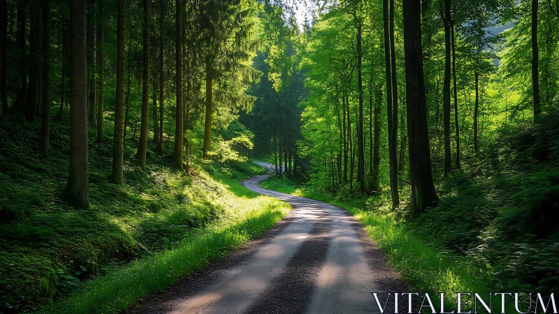 Forest Road Dappled Light Through Dense Woodland Canopy.