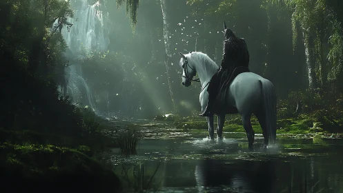 Dark knight on white horse crossing misty forest stream.