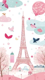 Eiffel Tower illustration with pastel birds, clouds, and trees