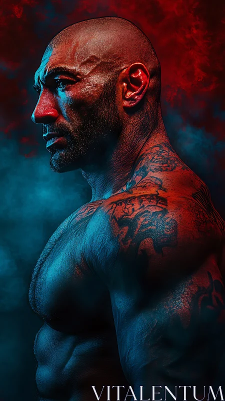 Tattooed muscular profile in red blue cinematic lighting.