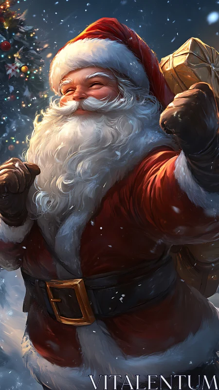 Santa figure in red suit carries gift sack in snowy night scene