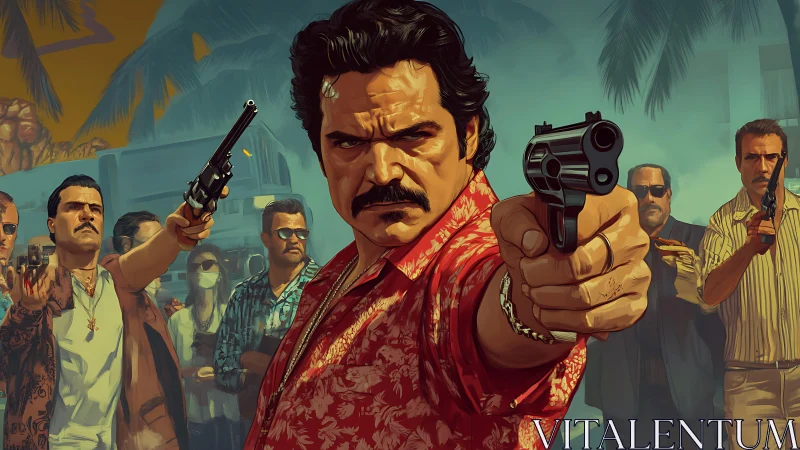 Armed men confronting viewer in stylized tropical street scene.