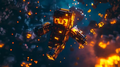 Glowing voxel robot floating in fiery cosmic space scene.