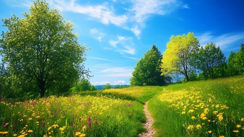 High-saturation spring meadow path under stratified cirrus sky.